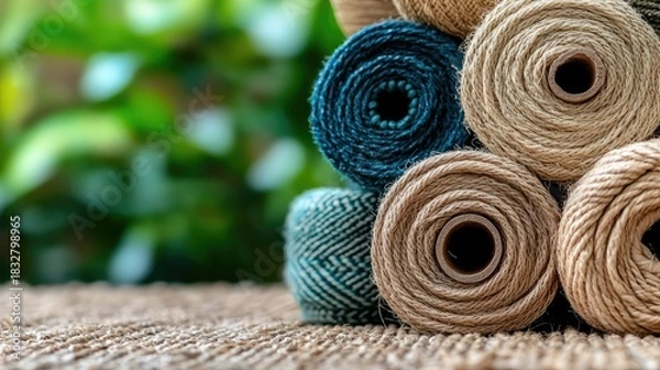 Obraz Close-up of several spools of twine in various colors, stacked on a burlap surface with a blurred green foliage background.