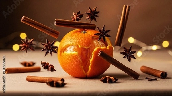 Fototapeta Orange with cinnamon sticks and star anise on soft background  