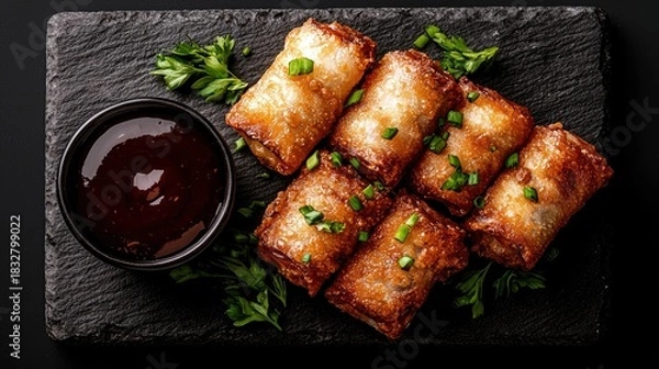 Obraz Overhead shot of spring rolls with dipping sauce and parsley on a black slate plate against a dark background.