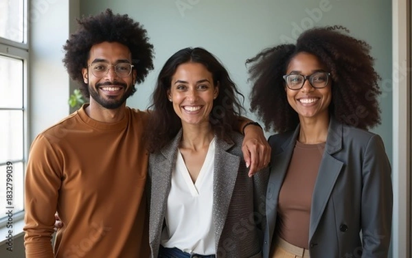 Obraz Happy diverse business team standing in office looking at camera. High quality