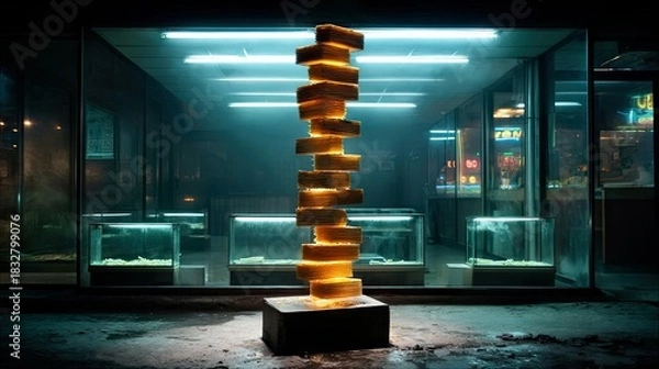 Obraz A stack of glowing, rectangular blocks stands on a pedestal in front of a store window at night. The scene is illuminated by neon lights and a mysterious glow.
