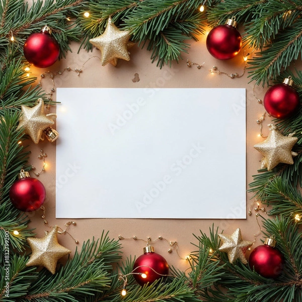 Obraz Festive Green Fir Branches with Red Ornaments Framing Blank White Card