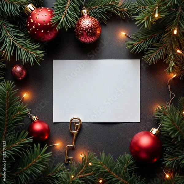 Obraz Christmas Arrangement with Red Ornaments, Green Pine Branches and Golden Key Around a White Card on Black Surface