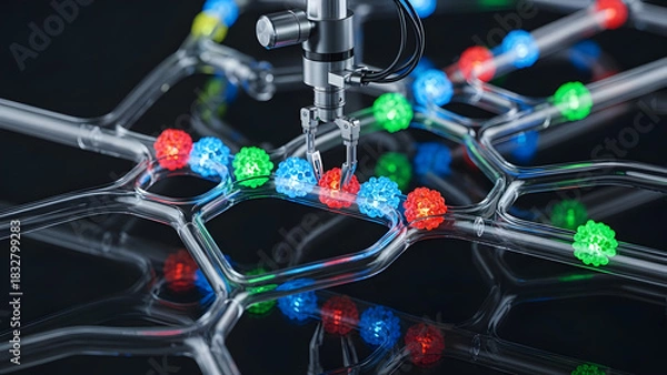 Fototapeta Robotic Arm Manipulating Glowing Spheres in Network Structure