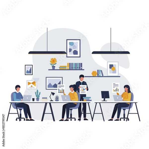 Fototapeta Team members collaborating on a project in a modern office environment.