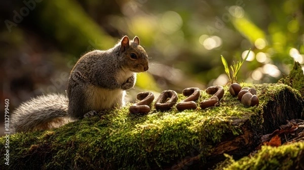 Fototapeta A squirrel is sitting on a moss covered log