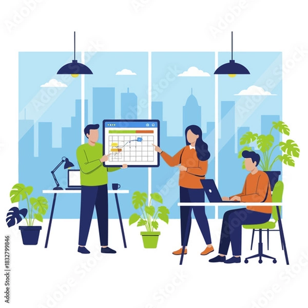 Fototapeta Team members collaborating on project planning using a digital calendar in the office.