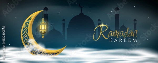 Obraz Ramadan kareem background with crescent, mosque and lantern.