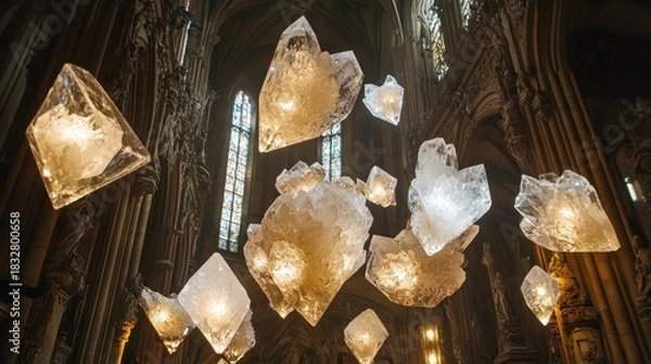 Obraz Illuminated Crystal Sculptures Hanging in a Gothic Cathedral Interior.