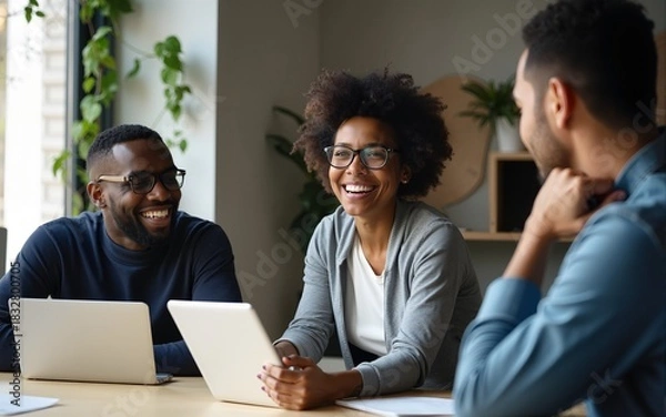 Obraz Business people, tablet and conversation with ceo for planning and collaboration in office. Technology, teamwork and black woman with mentor in discussion, communication and research on digital app