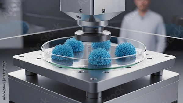 Fototapeta Robotic arm manipulating blue spherical samples in a petri dish within a laboratory setting.