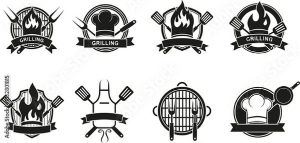 Obraz Grilling logo icon set—black and white vector of chef hats, flames, spatulas, knives, aprons, and pans