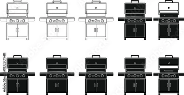 Obraz Gas grill transformation sequence—black and white vector of grill design evolution in ten progressive stages