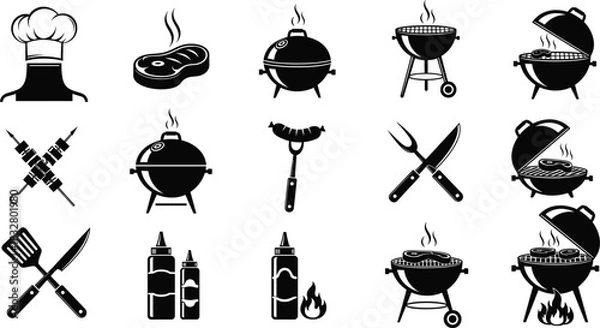 Obraz Grilling icon grid—black silhouette vector of chef hat, steak, skewers, sausage, grills, condiments, and utensils