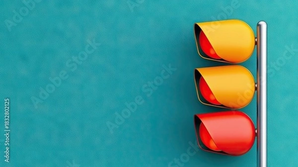 Obraz A 3D rendering of a traffic light with red and yellow lights against a teal background.