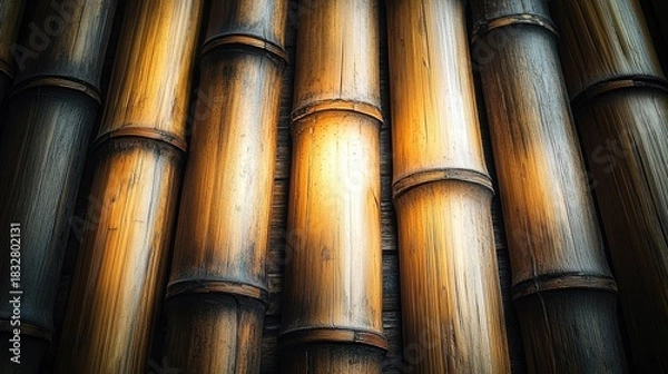 Fototapeta Natural bamboo strips pattern texture background with golden brown organic canes and weathered nodes perfect for eco-friendly web design projects