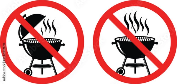 Obraz No grilling allowed icon—black silhouette vector of steaming charcoal grills with red prohibition symbols
