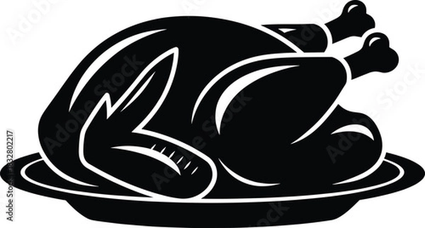 Obraz Roasted poultry silhouette—black and white vector of turkey or chicken on platter with upward legs
