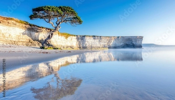 Obraz A lone tree stands on a cliff overlooking a beach. The tree's reflection is visible in the calm water. The scene is bathed in sunlight.