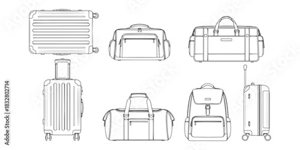 Obraz CAD Drawings. Various luggage items — hard-shell suitcase with wheels, soft travel bag, trolley suitcase, backpack, duffel bag isolated on white background. Vector illustration.