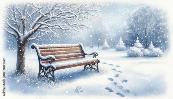 Obraz Winter wonderland scene with snow covered bench and trees in a peaceful park landscape artwork image