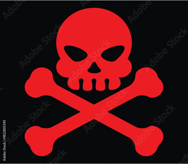 Fototapeta A red skull and crossbones symbol isolated on a black background representing danger or warning sign vector