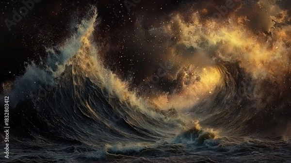 Obraz Dramatic Ocean Wave with Stormy Sky and Golden Light.