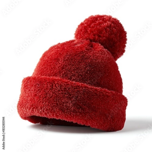 Obraz Red fluffy hat with pompom isolated on white background for winter season