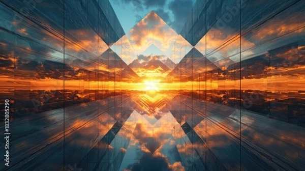 Obraz Abstract Sunset Reflection in Geometric Shapes - A Mesmerizing Visual Experience.