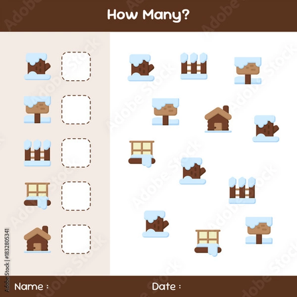 Fototapeta Count how many objects. Counting game on winter theme. Educational mathematical game. Counting game for children. Template for how many