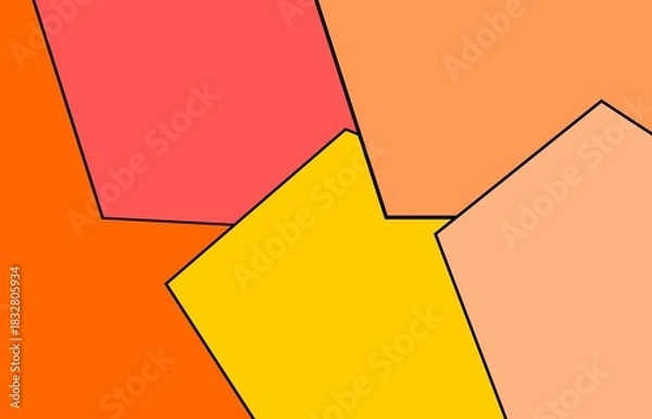 Fototapeta Abstract geometric composition featuring bold polygon shapes in vibrant red, orange, yellow, and peach tones with clean black outlines.
