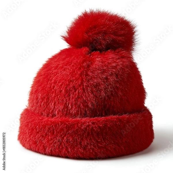 Obraz Red fluffy hat with pompom isolated on white background for cold weather
