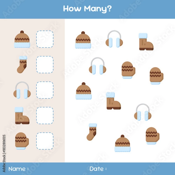 Fototapeta Count how many objects. Counting game on winter theme. Educational mathematical game. Counting game for children. Template for how many