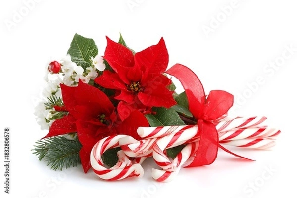 Obraz Festive christmas arrangement with poinsettia and candy cane isolated on white