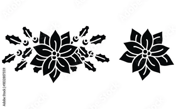 Fototapeta Black silhouette of poinsettia flower arrangement with holly leaves and berries on a white background vector