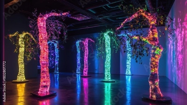 Obraz Illuminated Trees - A Vibrant Display of Light and Color.