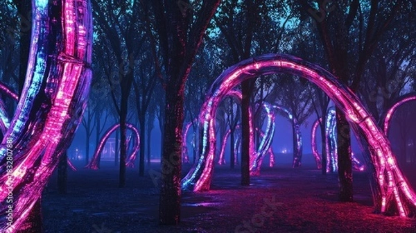 Obraz Enchanted Forest - A Neon Light Installation in a Dark Woodland.