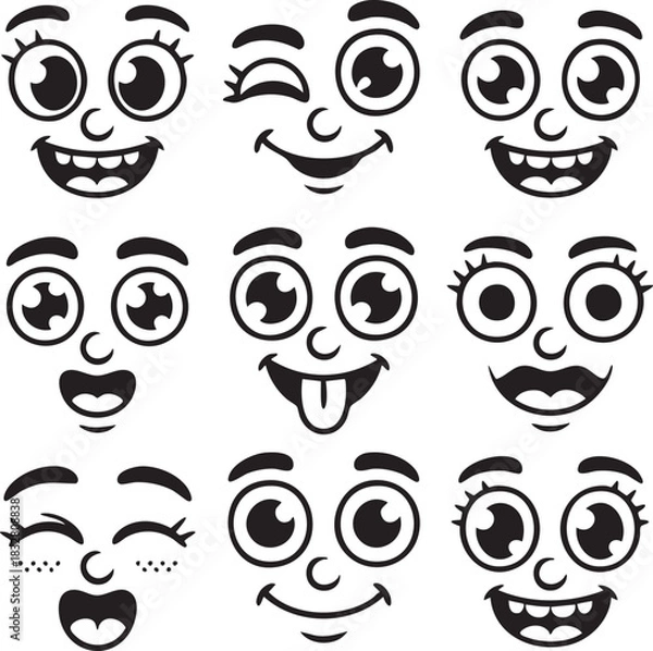 Fototapeta Happy and Winking Cartoon Face Expressions Vector Icons