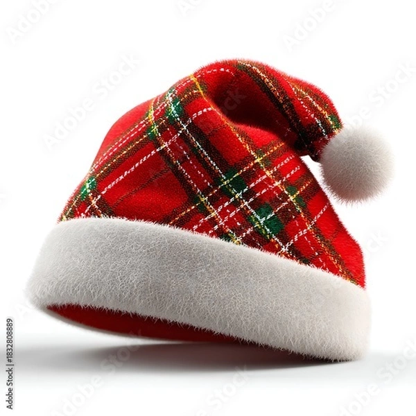 Obraz Festive tartan santa hat isolated on white background for holiday season