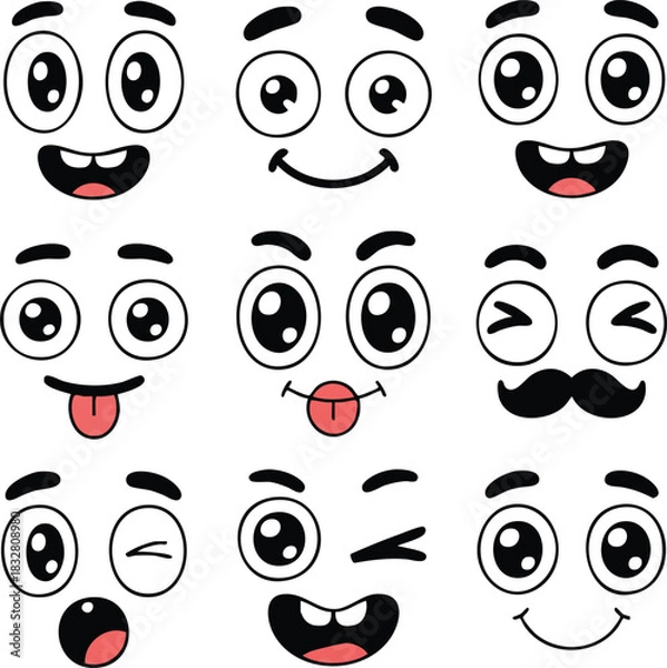 Fototapeta Happy and Winking Cartoon Face Expressions Vector Icons