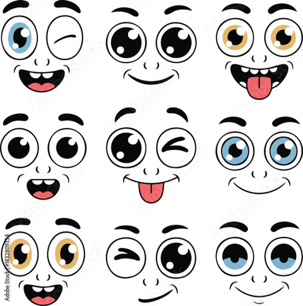 Fototapeta Happy and Winking Cartoon Face Expressions Vector Icons