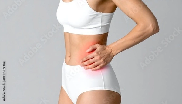 Fototapeta Man experiencing pain in the hip area due to osteoarthritis while wearing a sports bra and shorts