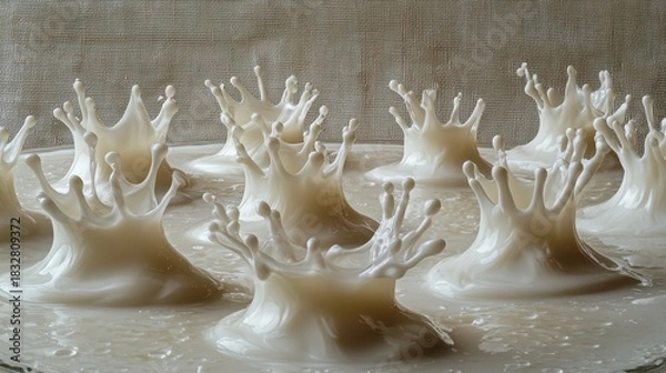 Fototapeta Crown liquid splash multiple milk formations captured in high-speed macro photography showing intricate surface tension and droplet dynamics in glass dish