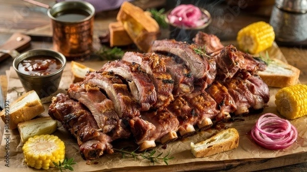 Fototapeta Mesquite smoked pork ribs with rich mahogany bark served on rustic wooden cutting board with barbecue sauce, grilled corn and pickled red onions