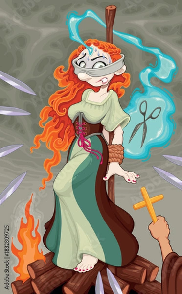 Fototapeta A witch fights at the stake. Vector cartoon horror illustration.
