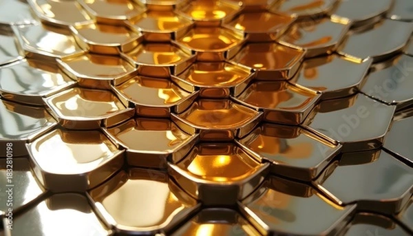 Fototapeta Abstract Hexagonal Sculpture Made From Reflective Silver And Gold Panels