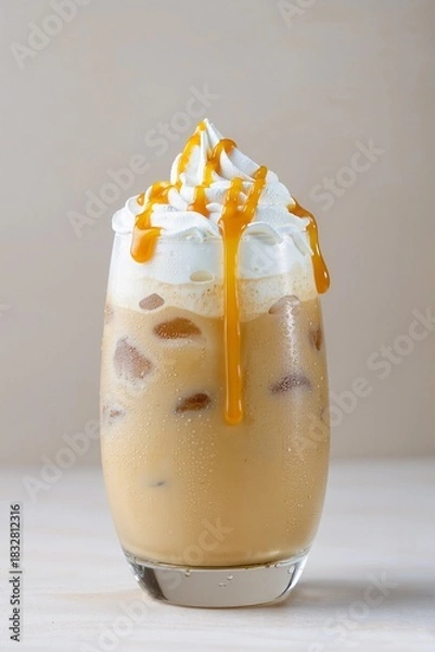 Fototapeta Iced caramel latte coffee in a glass with whipped cream and syrup drizzle. Cold summer frappuccino drink with ice cubes on light background.
