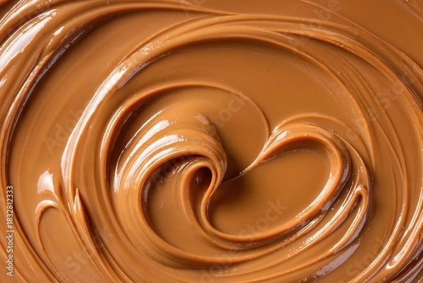 Fototapeta Sweet melted caramel sauce texture background with swirls. Liquid boiled condensed milk or toffee cream pattern close up. Full frame dessert wallpaper.