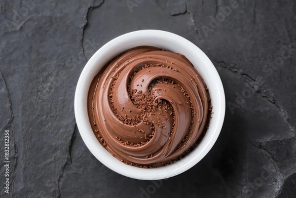 Fototapeta Delicious chocolate mousse cream in a white bowl with cocoa sprinkles on dark slate background. Sweet dessert pudding top view.