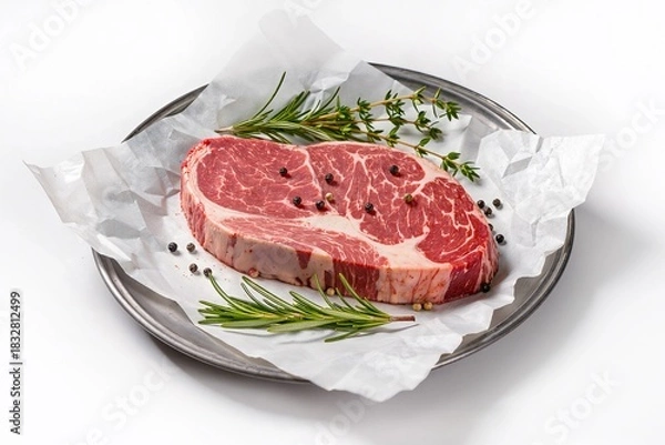 Fototapeta Fresh raw beef ribeye steak on parchment paper with rosemary and peppercorns. Uncooked red meat fillet ready for grilling on metal plate top view.